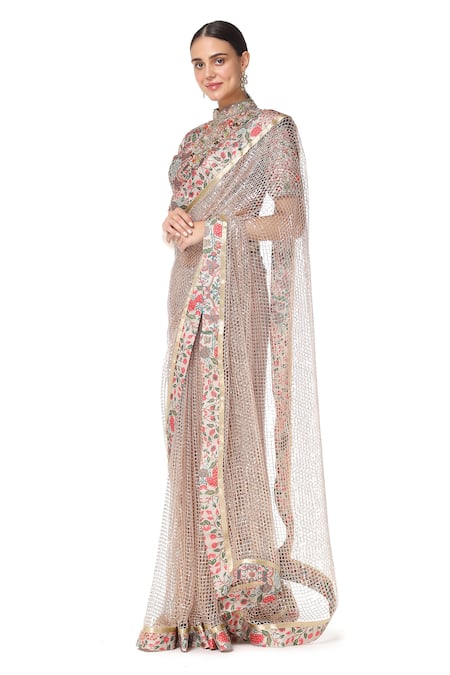 Rabani & Rakha Beige High Neck Printed Saree With Blouse  