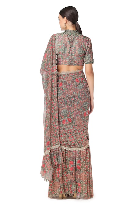 Shop_Rabani & Rakha_Multi Color Georgette High Neck Printed Pre-draped Saree With Blouse _at_Aza_Fashions