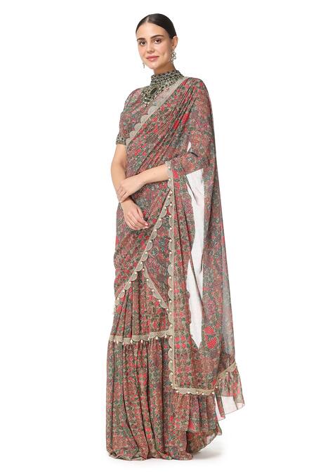 Rabani & Rakha_Multi Color Georgette High Neck Printed Pre-draped Saree With Blouse _Online_at_Aza_Fashions