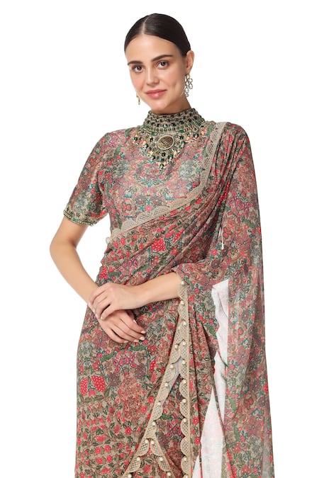Buy_Rabani & Rakha_Multi Color Georgette High Neck Printed Pre-draped Saree With Blouse _Online_at_Aza_Fashions