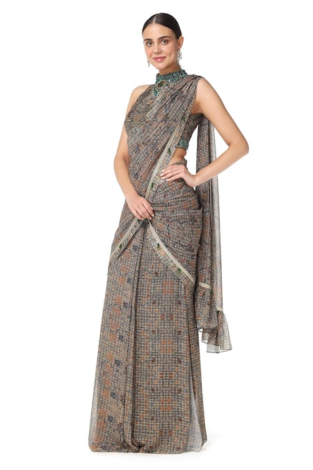 Rabani & Rakha Green Georgette Halter Printed Pre-draped Saree With Blouse