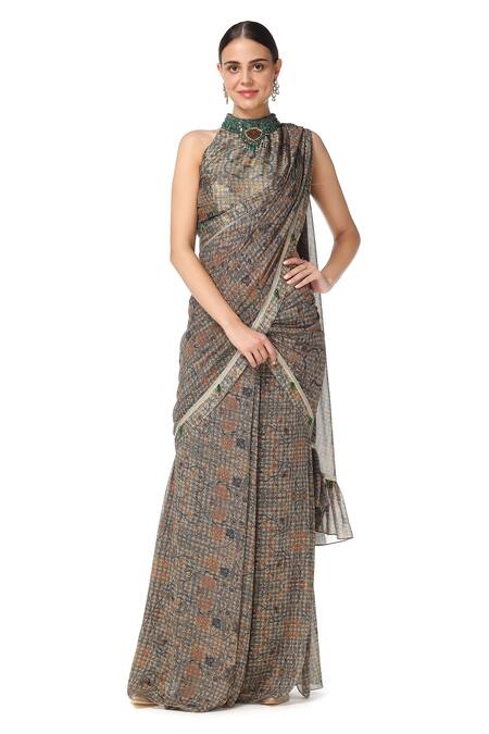 Rabani & Rakha_Green Georgette, Dupion Halter Printed Pre-draped Saree With Blouse _Online_at_Aza_Fashions