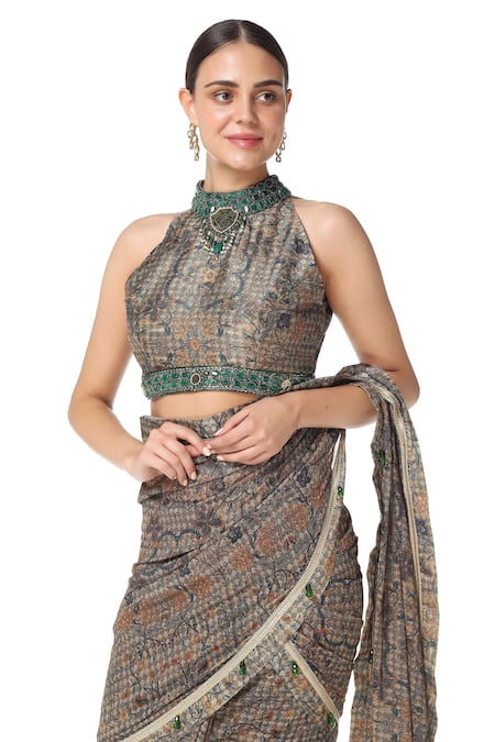 Buy_Rabani & Rakha_Green Georgette, Dupion Halter Printed Pre-draped Saree With Blouse _Online_at_Aza_Fashions