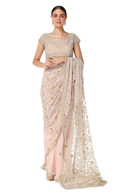 Rabani & Rakha_Pink Net, Chiffon, Satin Square Neck Embroidered Saree With Blouse _Online_at_Aza_Fashions