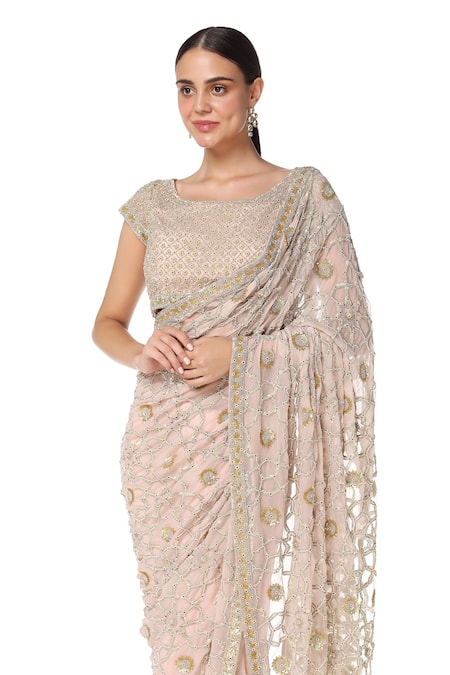 Buy_Rabani & Rakha_Pink Net, Chiffon, Satin Square Neck Embroidered Saree With Blouse _Online_at_Aza_Fashions