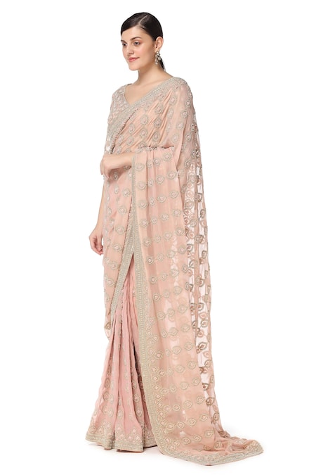 Rabani & Rakha_Pink Net, Chiffon, Satin V Neck Embroidered Saree With Blouse _Online_at_Aza_Fashions