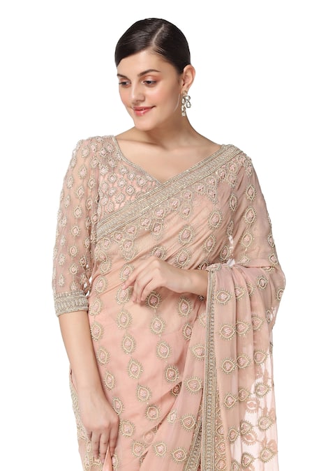 Buy_Rabani & Rakha_Pink Net, Chiffon, Satin V Neck Embroidered Saree With Blouse _Online_at_Aza_Fashions