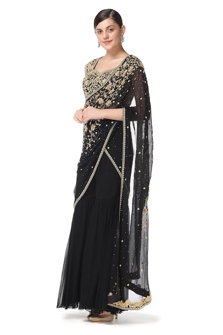 Rabani & Rakha_Black Net, Chiffon, Georgette V Neck Embroidered Saree And Gharara Set _Online_at_Aza_Fashions