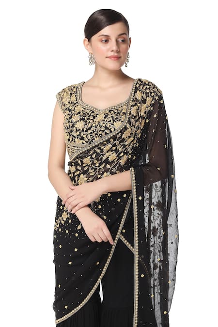 Buy_Rabani & Rakha_Black Net, Chiffon, Georgette V Neck Embroidered Saree And Gharara Set _Online_at_Aza_Fashions