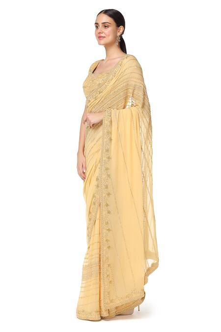 Rabani & Rakha_Peach Net, Georgette, Satin Square Neck Embroidered Saree With Blouse _Online_at_Aza_Fashions
