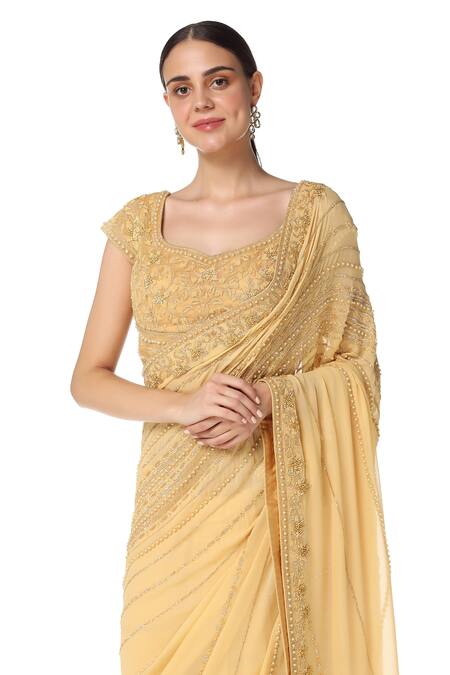 Buy_Rabani & Rakha_Peach Net, Georgette, Satin Square Neck Embroidered Saree With Blouse _Online_at_Aza_Fashions