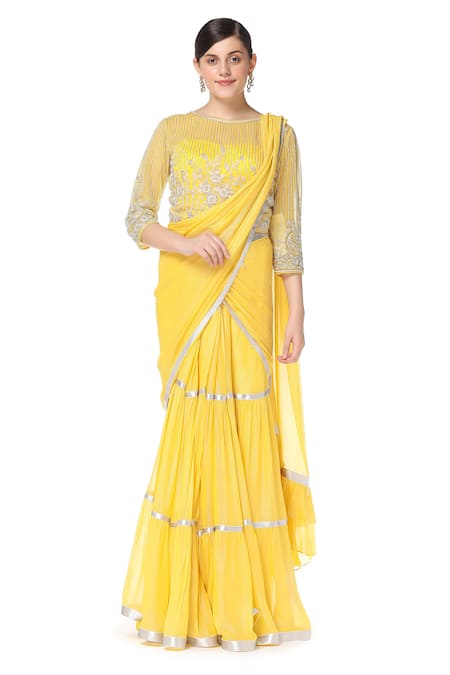 Buy_Rabani & Rakha_Yellow Georgette Round Tiered Lehenga Saree With Blouse  _Online_at_Aza_Fashions