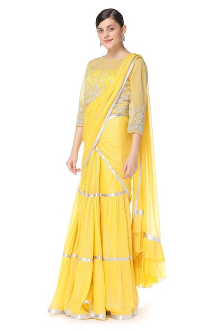 Shop_Rabani & Rakha_Yellow Georgette Round Tiered Lehenga Saree With Blouse  _Online_at_Aza_Fashions