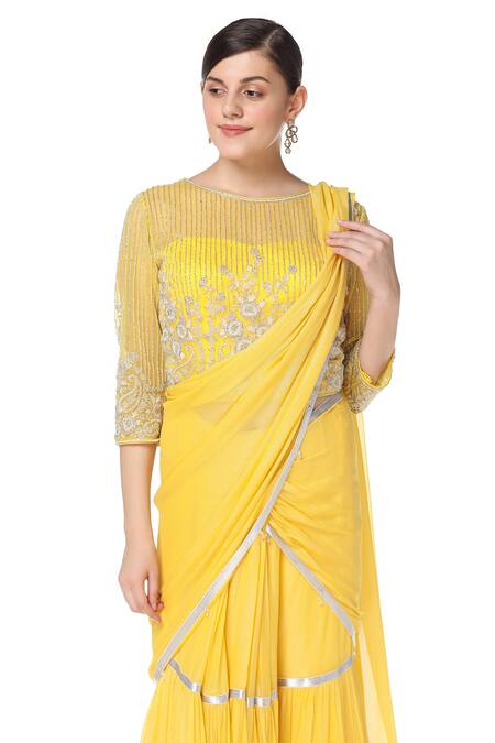 Rabani & Rakha_Yellow Georgette Round Tiered Lehenga Saree With Blouse  _at_Aza_Fashions