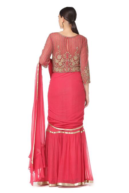 Shop_Rabani & Rakha_Pink Georgette Round Tiered Lehenga Saree With Blouse  _at_Aza_Fashions