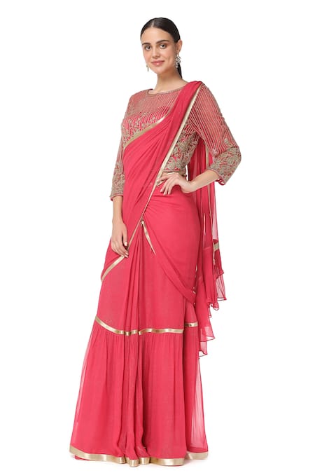 Rabani & Rakha_Pink Georgette Round Tiered Lehenga Saree With Blouse  _Online_at_Aza_Fashions