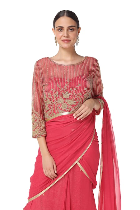 Buy_Rabani & Rakha_Pink Georgette Round Tiered Lehenga Saree With Blouse  _Online_at_Aza_Fashions