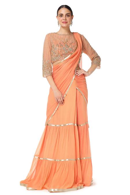 Rabani & Rakha Orange Net, Georgette Round Tiered Lehenga Saree With Blouse Online at Aza Fashions Rabani & Rakha_Orange Net, Georgette Round Tiered Lehenga Saree With Blouse _Online_at_Aza_Fashions