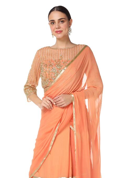 Buy Rabani & Rakha Orange Net, Georgette Round Tiered Lehenga Saree With Blouse Online at Aza Fashions Buy_Rabani & Rakha_Orange Net, Georgette Round Tiered Lehenga Saree With Blouse _Online_at_Aza_Fashions