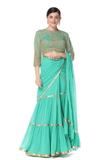 Rabani & Rakha_Green Net, Georgette Round Tiered Lehenga Saree With Blouse _Online_at_Aza_Fashions