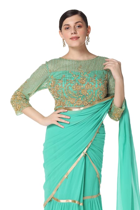 Buy_Rabani & Rakha_Green Net, Georgette Round Tiered Lehenga Saree With Blouse _Online_at_Aza_Fashions