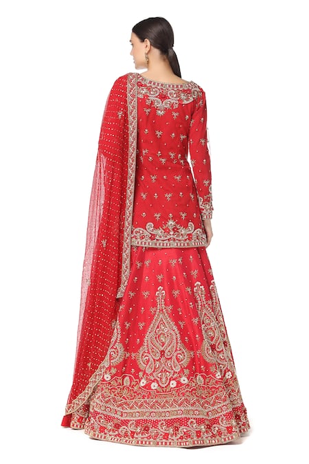 Shop Rabani & Rakha Red Net, Chiffon, Dupion V Neck Embroidered Kurta Lehenga Set at Aza Fashions Shop_Rabani & Rakha_Red Net, Chiffon, Dupion V Neck Embroidered Kurta Lehenga Set _at_Aza_Fashions