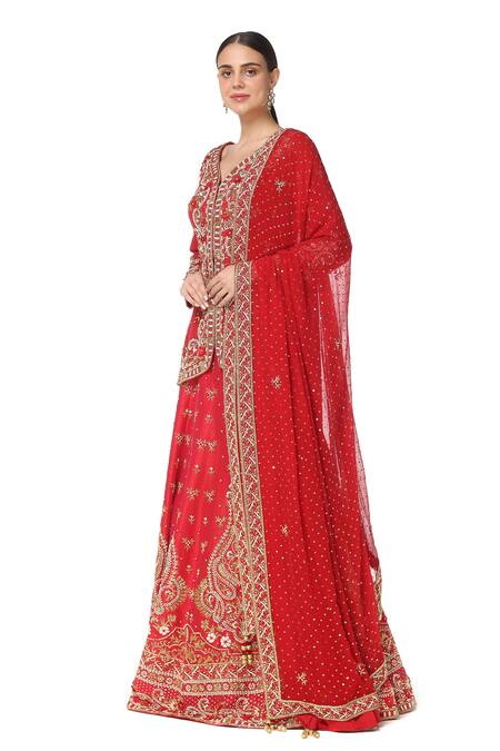 Rabani & Rakha Red Net, Chiffon, Dupion V Neck Embroidered Kurta Lehenga Set Online at Aza Fashions Rabani & Rakha_Red Net, Chiffon, Dupion V Neck Embroidered Kurta Lehenga Set _Online_at_Aza_Fashions