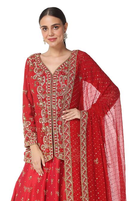 Buy Rabani & Rakha Red Net, Chiffon, Dupion V Neck Embroidered Kurta Lehenga Set Online at Aza Fashions Buy_Rabani & Rakha_Red Net, Chiffon, Dupion V Neck Embroidered Kurta Lehenga Set _Online_at_Aza_Fashions