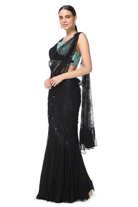 Rabani & Rakha_Black Chiffon, Georgette, Lace Asymmetric Embroidered Lehenga Saree With Blouse _Online_at_Aza_Fashions