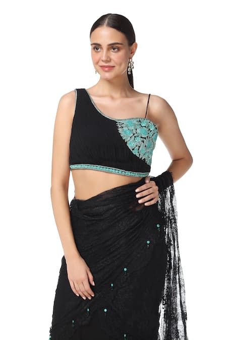 Buy_Rabani & Rakha_Black Chiffon, Georgette, Lace Asymmetric Embroidered Lehenga Saree With Blouse _Online_at_Aza_Fashions