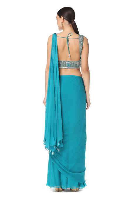 Shop_Rabani & Rakha_Blue Chiffon V Neck Embroidered Lehenga Saree With Blouse  _at_Aza_Fashions