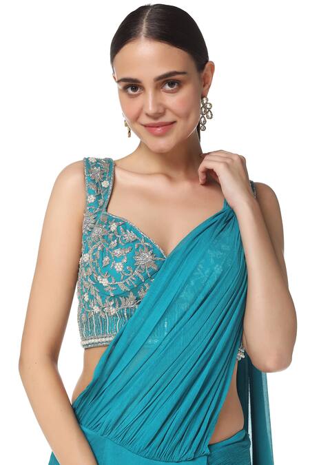 Buy_Rabani & Rakha_Blue Chiffon V Neck Embroidered Lehenga Saree With Blouse  _Online_at_Aza_Fashions