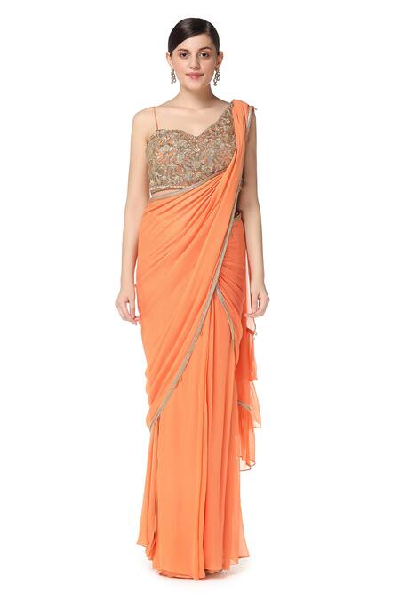 Rabani & Rakha Orange Net, Georgette Asymmetric Tiered Lehenga Saree With Blouse Online at Aza Fashions Rabani & Rakha_Orange Net, Georgette Asymmetric Tiered Lehenga Saree With Blouse _Online_at_Aza_Fashions