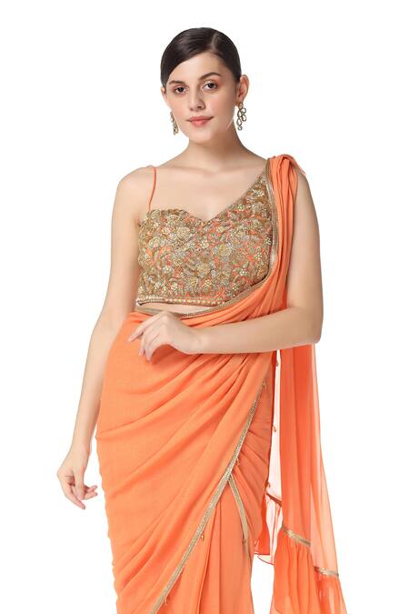 Buy Rabani & Rakha Orange Net, Georgette Asymmetric Tiered Lehenga Saree With Blouse Online at Aza Fashions Buy_Rabani & Rakha_Orange Net, Georgette Asymmetric Tiered Lehenga Saree With Blouse _Online_at_Aza_Fashions