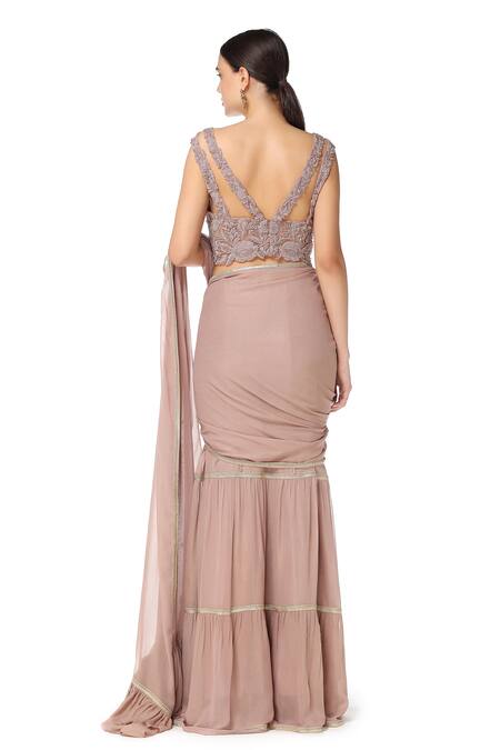 Shop_Rabani & Rakha_Peach Georgette V Neck Tiered Lehenga Saree With Blouse  _at_Aza_Fashions