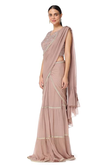 Rabani & Rakha_Peach Georgette V Neck Tiered Lehenga Saree With Blouse  _Online_at_Aza_Fashions