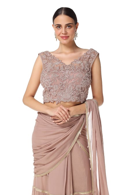 Buy_Rabani & Rakha_Peach Georgette V Neck Tiered Lehenga Saree With Blouse  _Online_at_Aza_Fashions