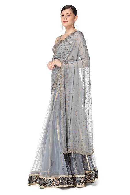 Rabani & Rakha_Grey Net, Georgette, Dupion Round Embroidered Lehenga Saree Set _Online_at_Aza_Fashions