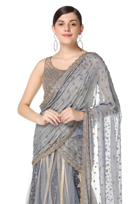 Buy_Rabani & Rakha_Grey Net, Georgette, Dupion Round Embroidered Lehenga Saree Set _Online_at_Aza_Fashions