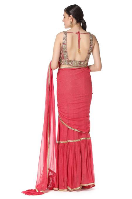 Shop_Rabani & Rakha_Pink Georgette V Neck Tiered Lehenga Saree With Blouse  _at_Aza_Fashions