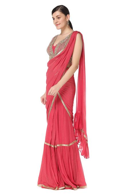Rabani & Rakha_Pink Georgette V Neck Tiered Lehenga Saree With Blouse  _Online_at_Aza_Fashions