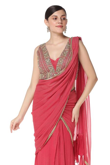 Buy_Rabani & Rakha_Pink Georgette V Neck Tiered Lehenga Saree With Blouse  _Online_at_Aza_Fashions