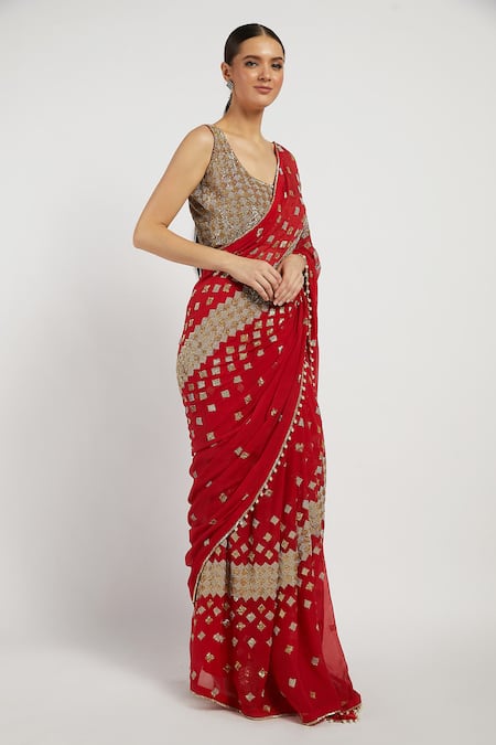 Rabani & Rakha_Red Net, Chiffon V Neck Zaynab Saree With Blouse _Online_at_Aza_Fashions
