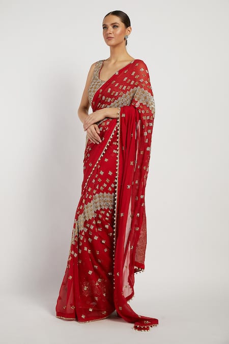 Buy_Rabani & Rakha_Red Net, Chiffon V Neck Zaynab Saree With Blouse _Online_at_Aza_Fashions