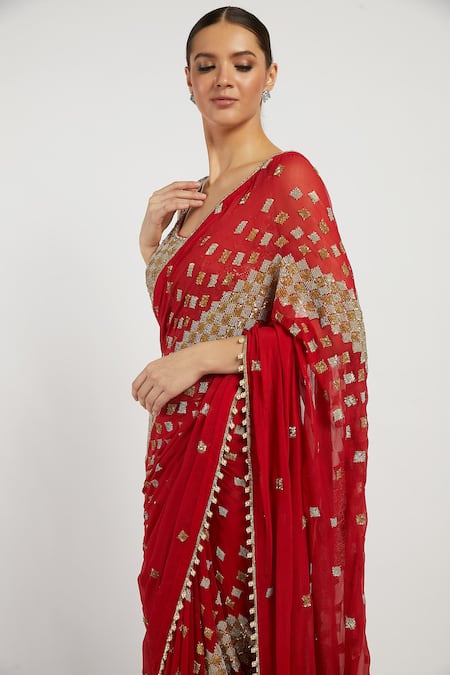 Shop_Rabani & Rakha_Red Net, Chiffon V Neck Zaynab Saree With Blouse _Online_at_Aza_Fashions