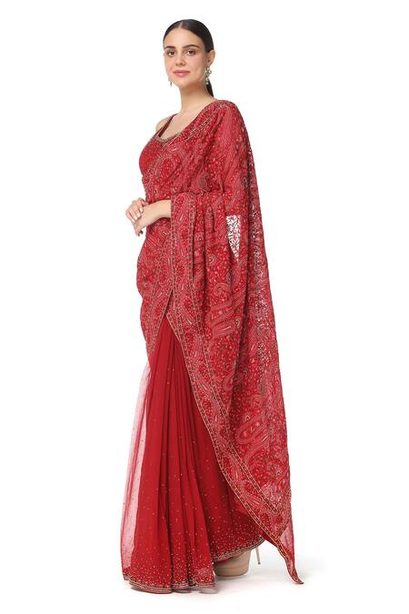 Rabani & Rakha Maroon Saree Chiffon Blouse Net Scoop Neck Embroidered With Online at Aza Fashions Rabani & Rakha_Maroon Saree Chiffon Blouse Net Scoop Neck Embroidered With _Online_at_Aza_Fashions