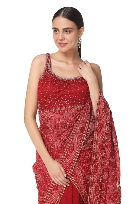 Buy Rabani & Rakha Maroon Saree Chiffon Blouse Net Scoop Neck Embroidered With Online at Aza Fashions Buy_Rabani & Rakha_Maroon Saree Chiffon Blouse Net Scoop Neck Embroidered With _Online_at_Aza_Fashions