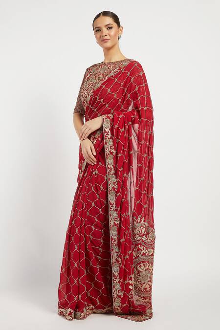 Rabani & Rakha_Red Net, Georgette Round Zaynab Saree With Blouse _Online_at_Aza_Fashions