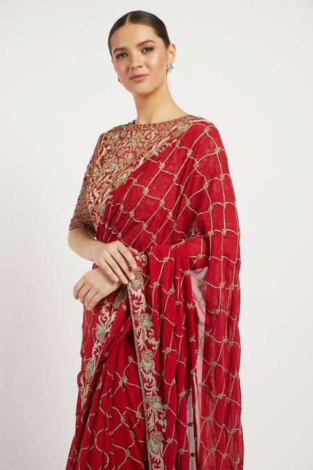 Buy_Rabani & Rakha_Red Net, Georgette Round Zaynab Saree With Blouse _Online_at_Aza_Fashions