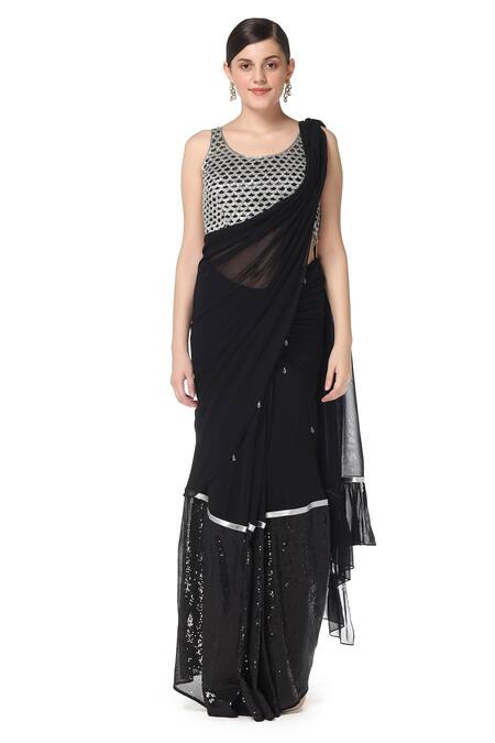 Rabani & Rakha_Black Georgette Round Embroidered Lehenga Saree With Blouse  _Online_at_Aza_Fashions